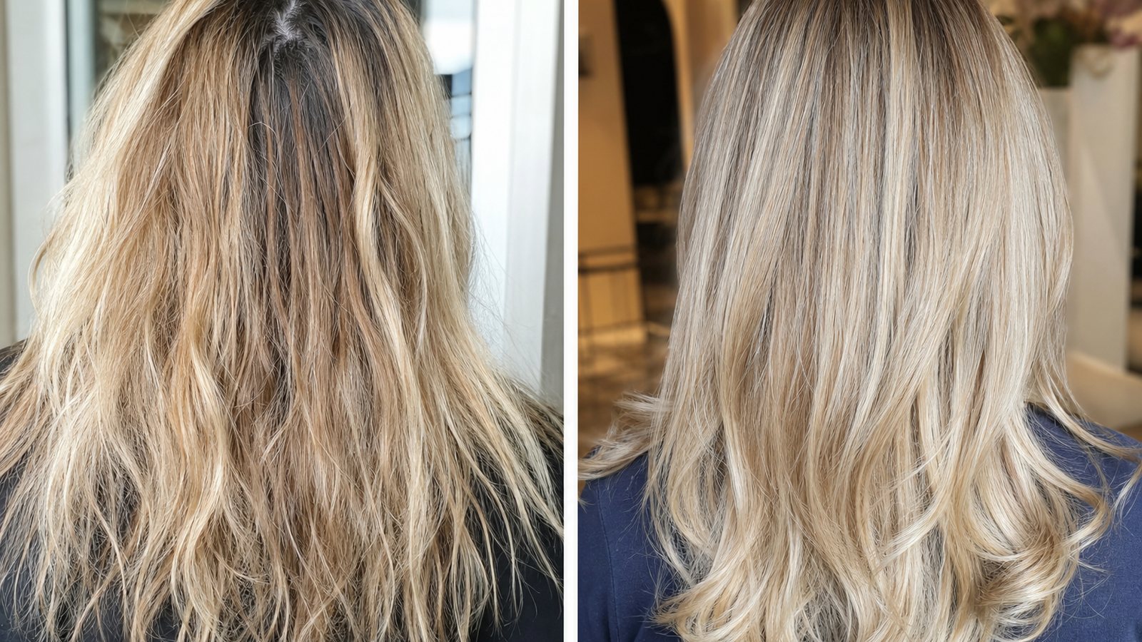 Coiffeur comparant deux photos avant et après la coloration d'une cliente